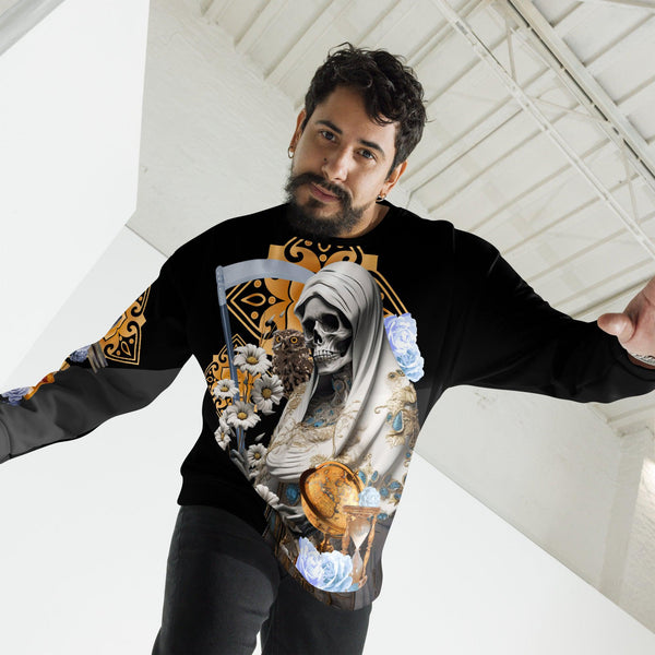 "Wearer in Santa Muerte Blanca Sweatshirt, a blend of spiritual tradition and modern fashion"